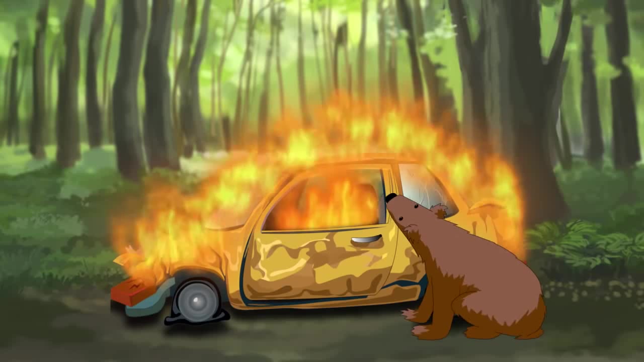Медведь сгорел в машине. School 13 the story of two hitchhikers. Мишка сел в машину и сгорел. Горящая машина в лесу. Медведь в машине горит.